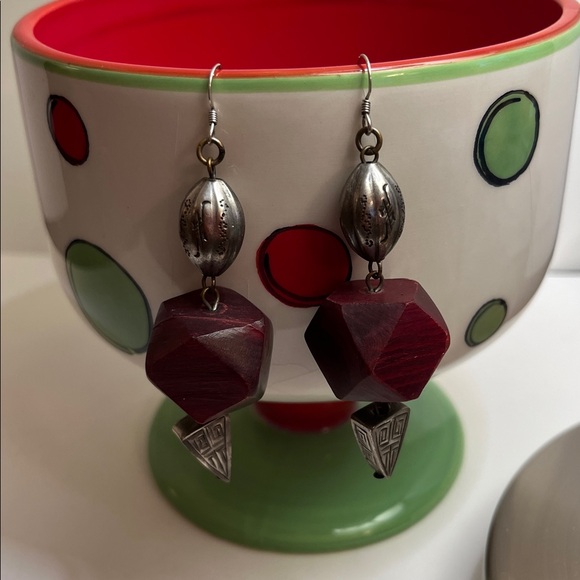 Jewelry - Vintage Silver and Deep Red Wood Earrings